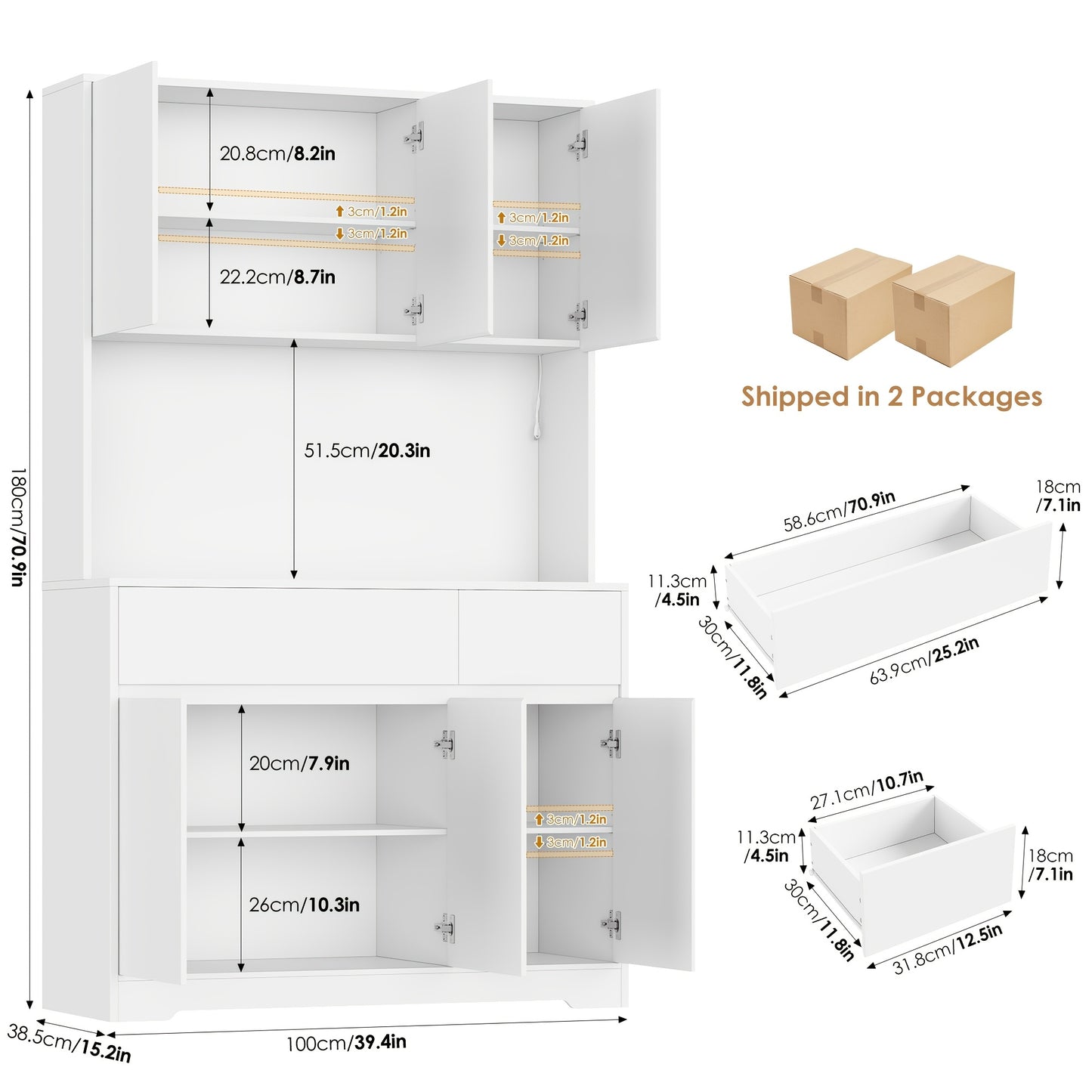 Keukenkast – Opbergkast – Buffetkast – Keukenmeubel – Dressoir – Grote Witte Kast – Verstelbare Planken – Spaanplaat Met Geharde Glazen Deuren