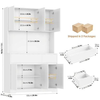 Keukenkast – Opbergkast – Buffetkast – Keukenmeubel – Dressoir – Grote Witte Kast – Verstelbare Planken – Spaanplaat Met Geharde Glazen Deuren