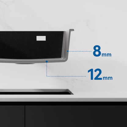 Keukenbak Kwartssteen – Gootsteen – Spoelbak – Keukenspoelbak – Enkele Kom – Zwart – 55x45 cm – Krasvast & Hittebestendig – Overloop & Afvoersysteem