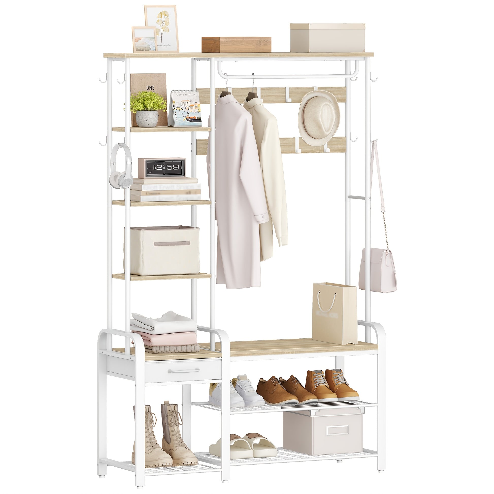 Shoe Rack with Stool, Coat Rack with Three-tier Shoe Bench And 1 Drawer, 5-in-1 Clothes Rack with 17 Hooks, 1 Hanging Rail, 4 Side Shelves, White - QUORE