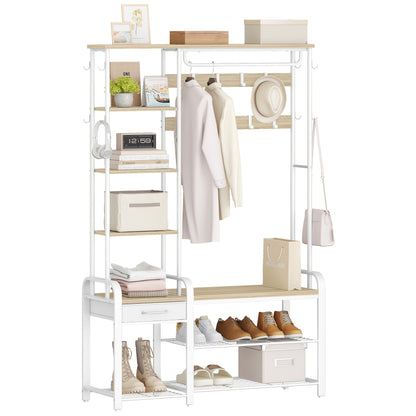 Shoe Rack with Stool, Coat Rack with Three-tier Shoe Bench And 1 Drawer, 5-in-1 Clothes Rack with 17 Hooks, 1 Hanging Rail, 4 Side Shelves, White - QUORE