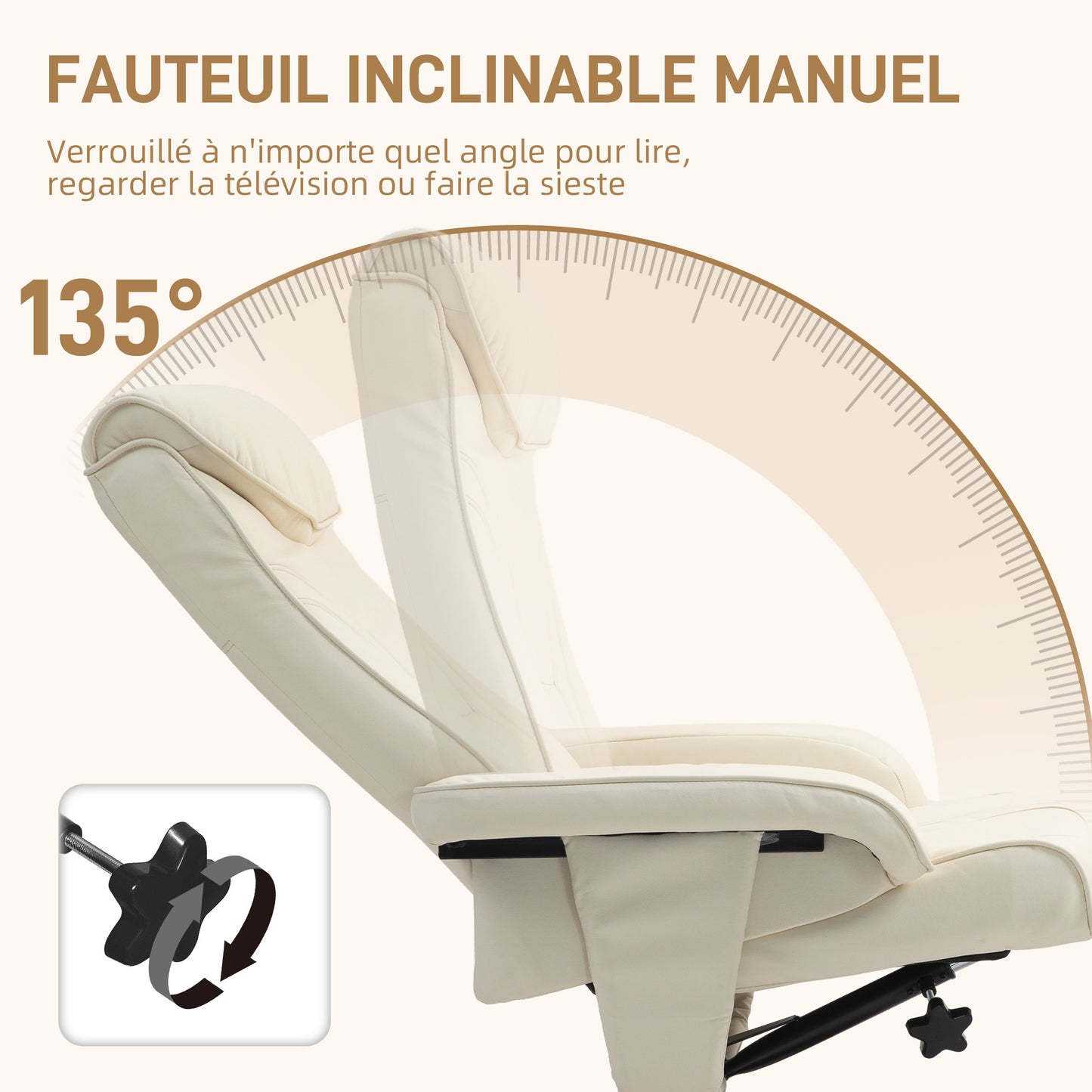 Fauteuil – Relaxstoel – Schommelstoel – Zithoekstoel – Lounge Fauteuil – Verstelbare Rugleuning Tot 135° – Synthetische Bekleding Met Houten Onderstel – Wit