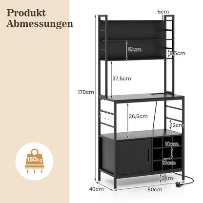 Keukenkast – Keukenrek – Wijnrek – Opbergkast – Baker’s Shelf – Ingebouwd Stopcontact & USB – Metalen Frame 80x40x170 cm Zwart