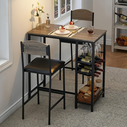 Bar Table Set for 2 with Footrest, Kitchen Dining Table with 2 Upholstered Chairs, Small Space Counter Height Barstools for Counter Bar, Sturdy and Durable, Easy to Assemble, Rustic Brown