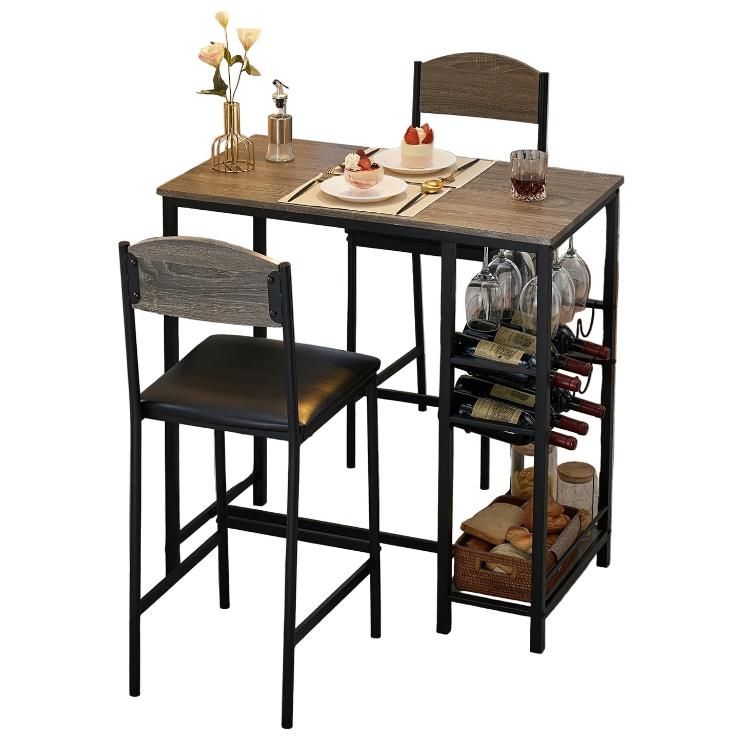 Barset – Barkrukken Set – Keukentafel – Bartafel – Bistroset – Compact 2 Persoons – Met Voetsteun – Stabiel Metaal – MDF Tafelblad Bruin