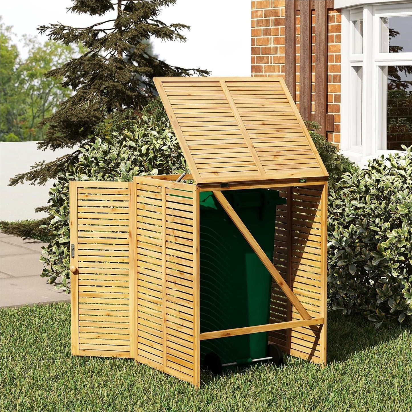 Houten Afvalbakombouw – Afvalbak Bescherming – Afvalbak Behuizing – Afvalbak Ombouw – Afvalbakkast – Weerbestendig Vurenhout – Gaspedaal Deksel & Afsluitbare Deur – Voor 120L Afvalbak
