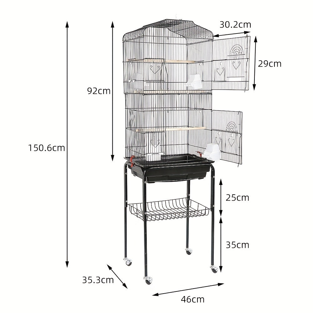 Vogelkooi – Vogelkooi Met Stand – Vogelkooi Met Wieltjes – Vogelkooi Open Bovenkant – Dierenkooi – Groot 46x35,3x150,6 cm – Metalen Kooi – Afneembare Rollende Standaard – Eenvoudig Schoon Te Maken – Ruim En Duurzaam