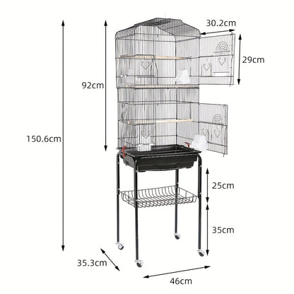 Vogelkooi – Vogelkooi Met Stand – Vogelkooi Met Wieltjes – Vogelkooi Open Bovenkant – Dierenkooi – Groot 46x35,3x150,6 cm – Metalen Kooi – Afneembare Rollende Standaard – Eenvoudig Schoon Te Maken – Ruim En Duurzaam