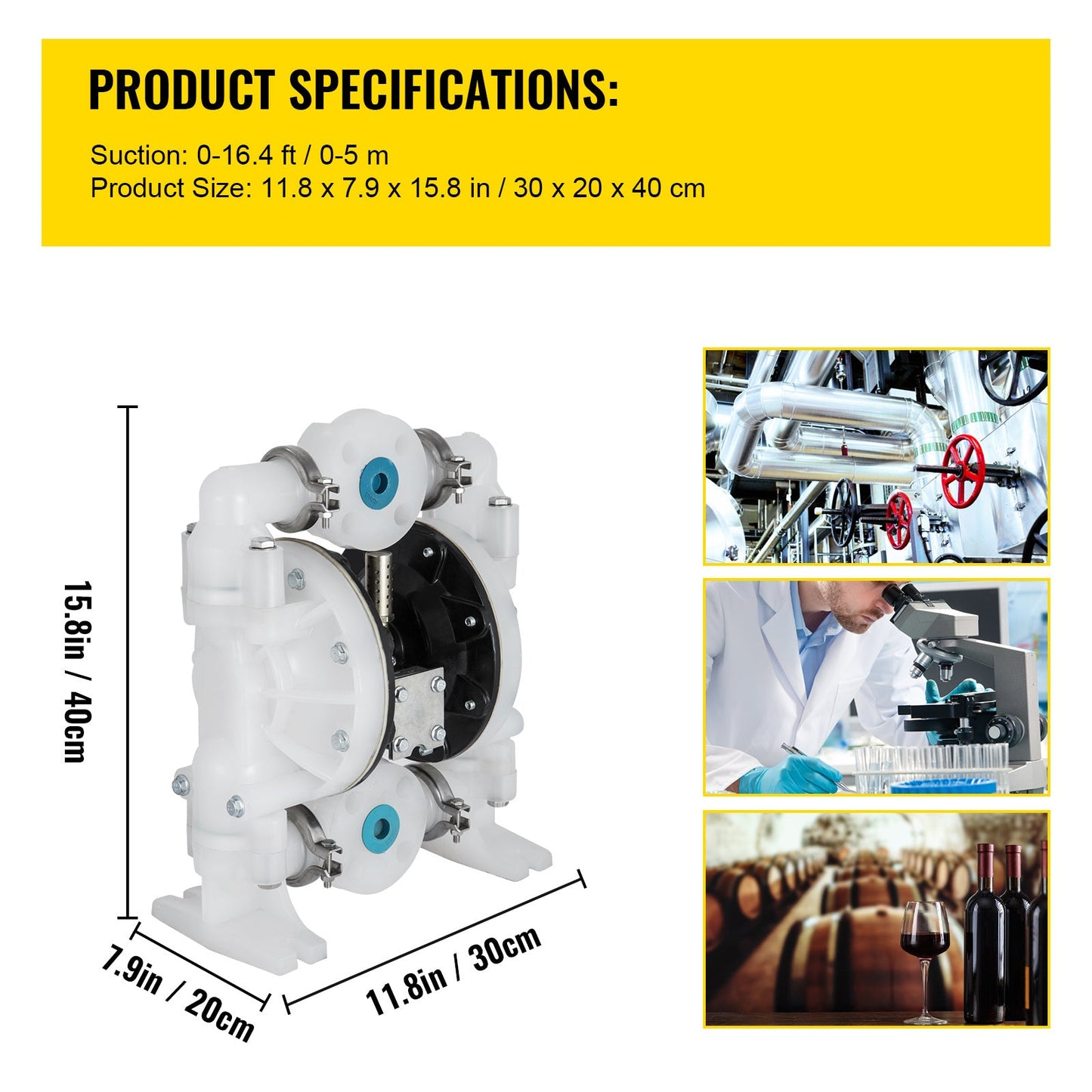 Membraanpomp – Dubbele Dompomp – Luchtbediende Pomp – Chemische Pomp – Industriële Pomp – 1 Inch Inlaat/Uitlaat – PTFE Membraan – Corrosiebestendig Polypropyleen