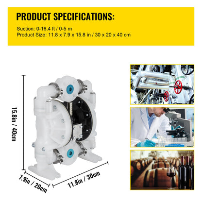 Membraanpomp – Dubbele Dompomp – Luchtbediende Pomp – Chemische Pomp – Industriële Pomp – 1 Inch Inlaat/Uitlaat – PTFE Membraan – Corrosiebestendig Polypropyleen