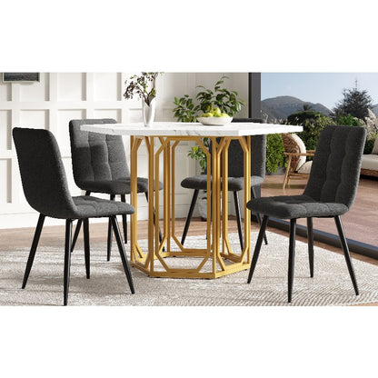 Hexagon Marble Table - White & Grey Veining Marble Top with Golden Metal Legs, Modern Retro Hexagonal Dining Desk, No Assembly Required, Marble Countertop Kitchen/Breakfast Table for Small Spaces, Durable Non-Wood Furniture