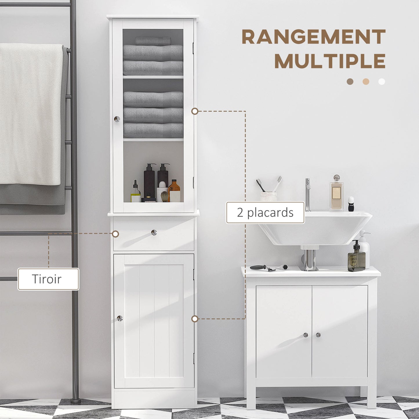 Kolomkast badkamer – kolommeubel – hoge kast – badkamerkast – kolomopberger – wit MDF – verstelbare planken – waterbestendig design