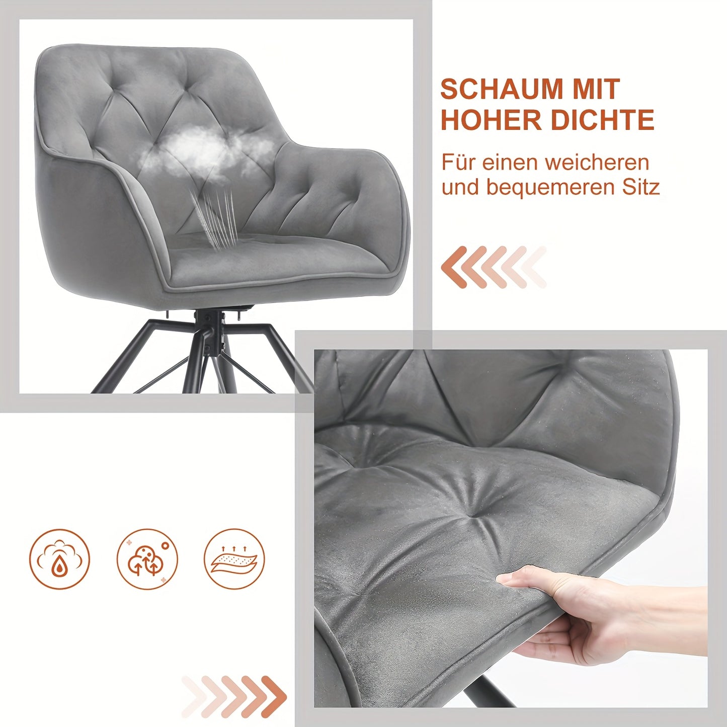 Draaibare Eetkamerstoelen – Eetkamerstoelen Set – Bureaustoelen Zonder Wielen – Comfortabele Stoelen – Stoelen Met Armleuningen – 360° Draaibaar – Fluwelen Bekleding – Metalen Poten – Grijs – Set Van 2