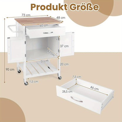 Keukentrolley – Mobiele Keukenwagen – Keukenkar – Opbergwagen – Serveerwagen – Rubberwood Werkblad – Grote Lade & Kast – Wit
