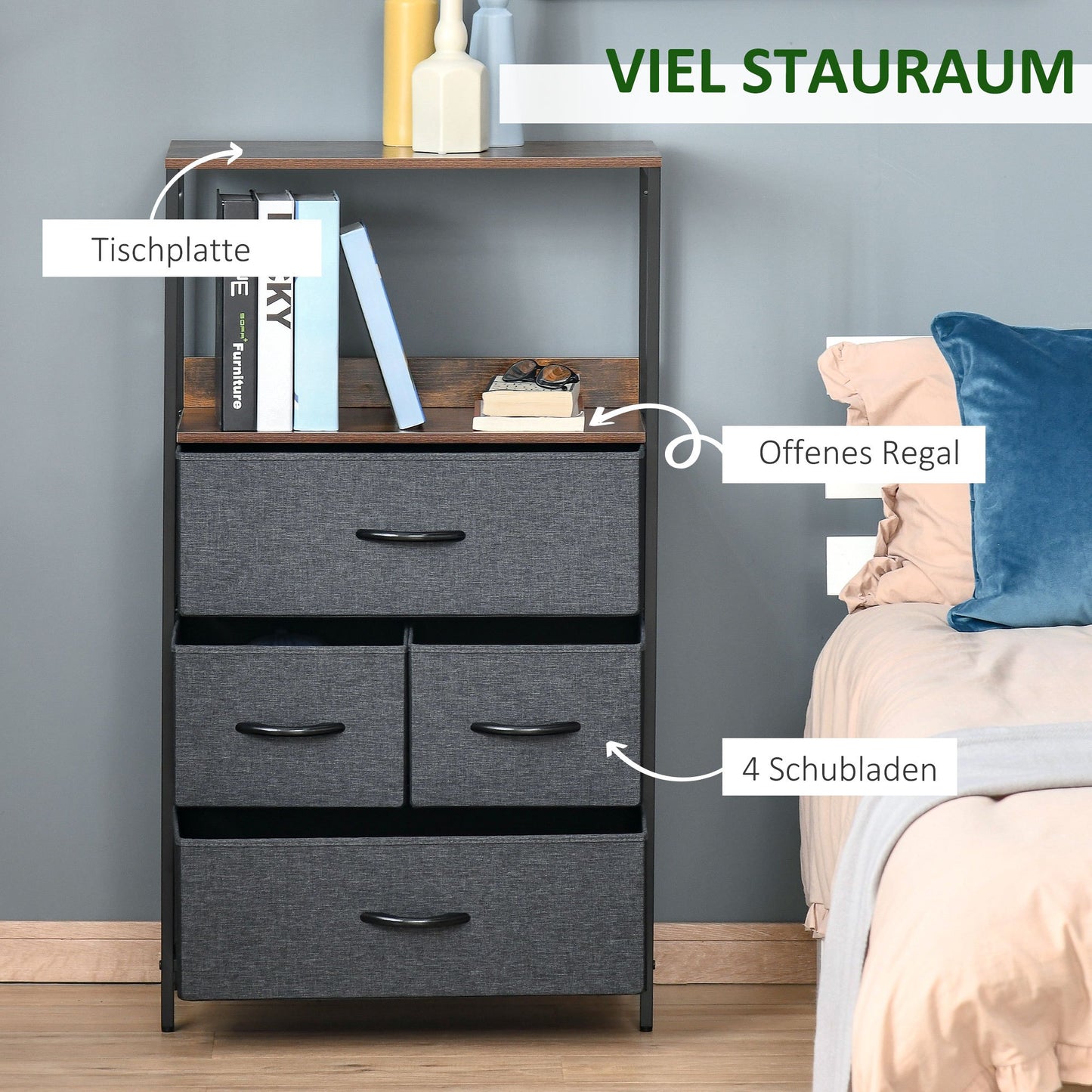 Ladekast – Dressoir – Opbergkast – Kastje – Kledingkast – Zwart Linnen – 4 Lades – Open Plank – Lichtgewicht – Zonder Elektriciteit