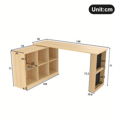 Computertafel – Computerbureau – Bureautafel – Werktafel – Thuiskantoor Bureau – 140x104x75 cm – MDF Metalen Frame – Zes Opbergvakken + Plank – Draaibaar Ontwerp – Houtlook Natuurlijk