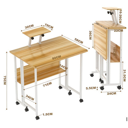 Space-Saving Rolling Folding Desk with Storage Shelf - Ergonomic Adjustable Height Computer Table, Wheels for Easy Mobility, Sturdy Metal Frame & Wooden Top, Ideal for Home Office & Bedroom, 58x80x75cm, Desk Mat