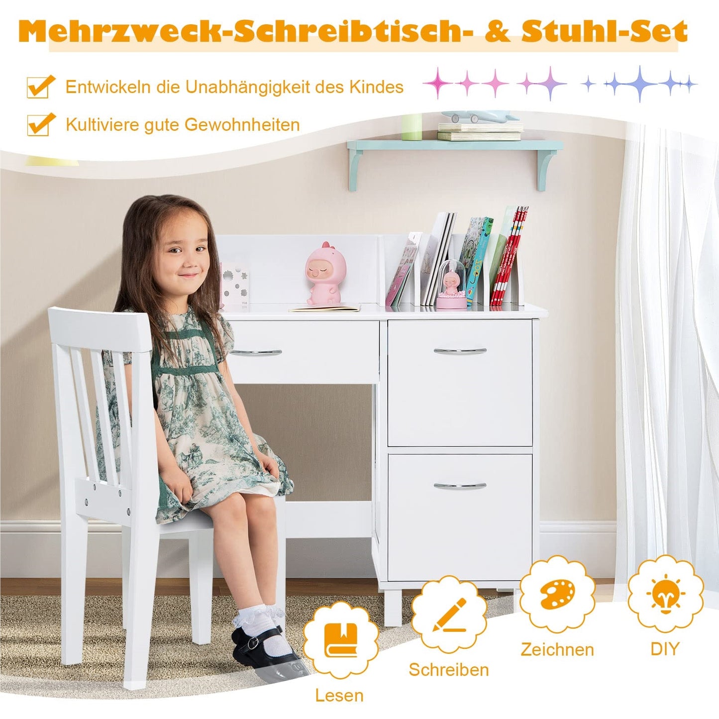 Kinderschrijfstoel – Kinderbureau – Studietafel – Tekenbureau – Kinderwerkplek – Met Opbergruimte & Lade – Ergonomische Rugleuning – MDF Wit