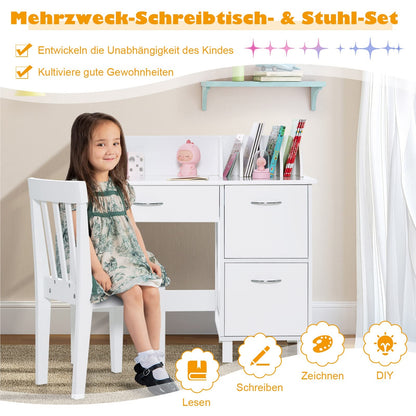 Kinderschrijfstoel – Kinderbureau – Studietafel – Tekenbureau – Kinderwerkplek – Met Opbergruimte & Lade – Ergonomische Rugleuning – MDF Wit