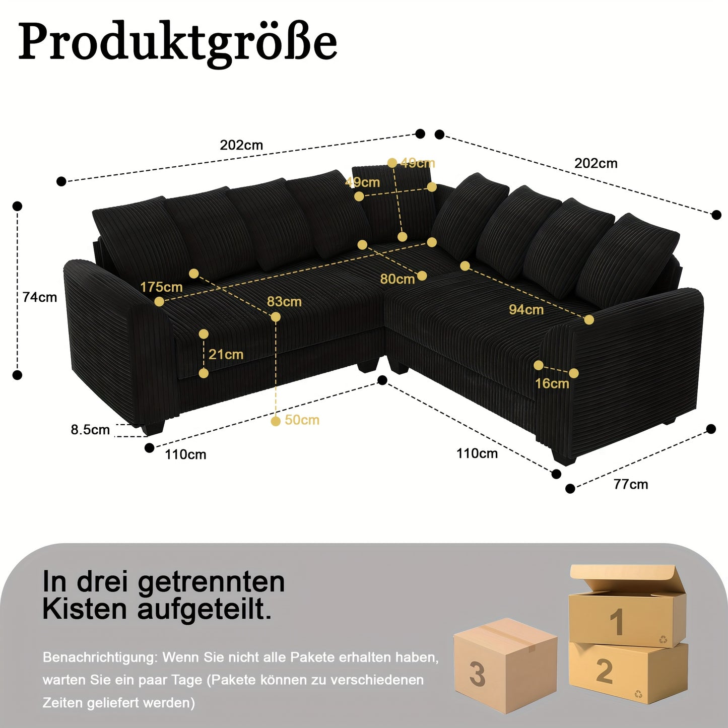 Hoekbank L-Vorm – Hoekbank Modulair – Loungebank – Sectiebank – Zwarte Corduroy Stoffering – Plush Schuim Kussens – Multifunctioneel Design
