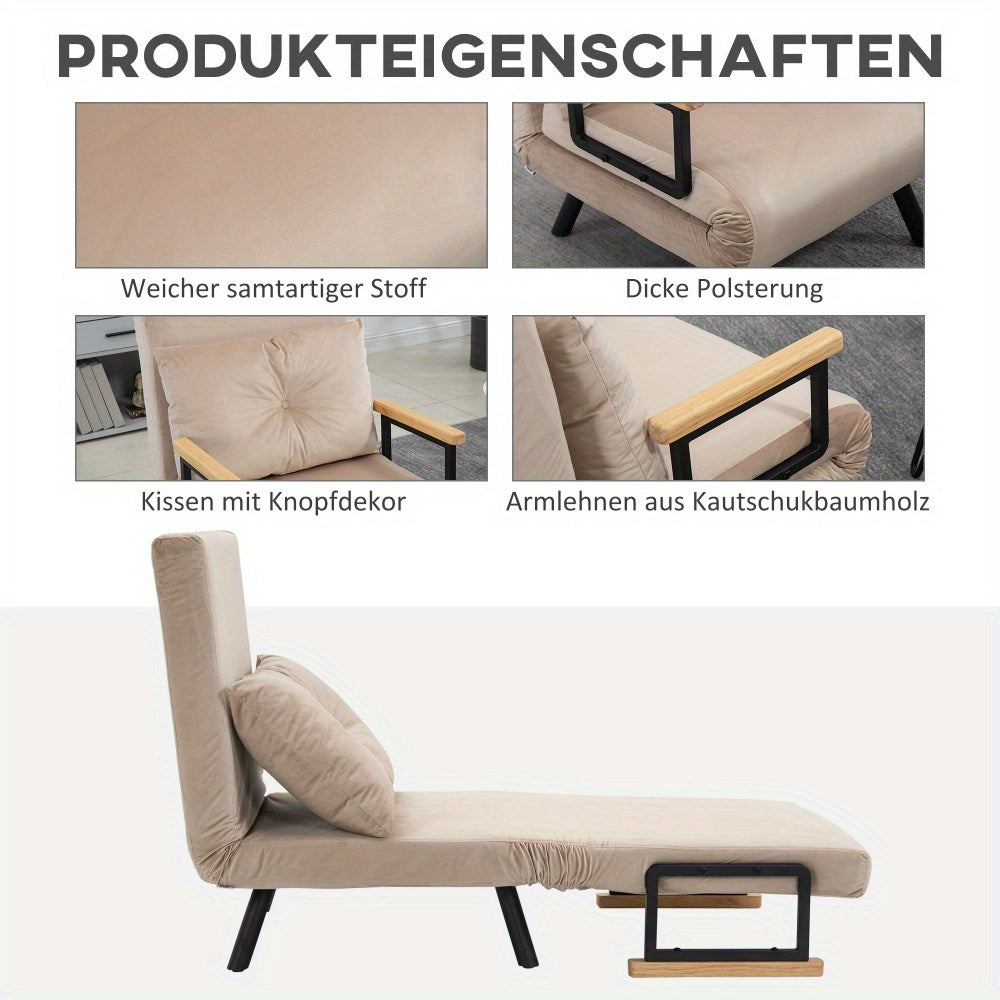 Sofa Fauteuil – Slaapstoel – Relaxstoel – Logeerbed – Velvet Zetel – Verstelbare Rugleuning – Beige Velvet Bekleding – Compact 63x73x81 cm