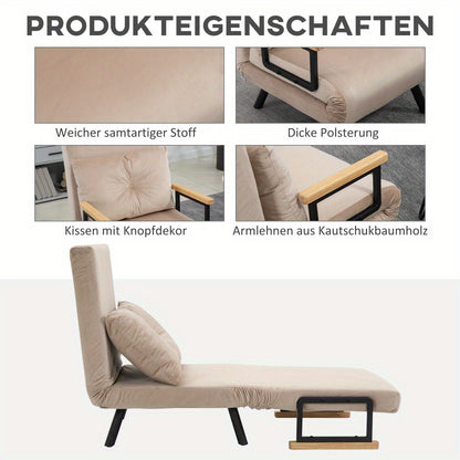 Sofa Fauteuil – Slaapstoel – Relaxstoel – Logeerbed – Velvet Zetel – Verstelbare Rugleuning – Beige Velvet Bekleding – Compact 63x73x81 cm