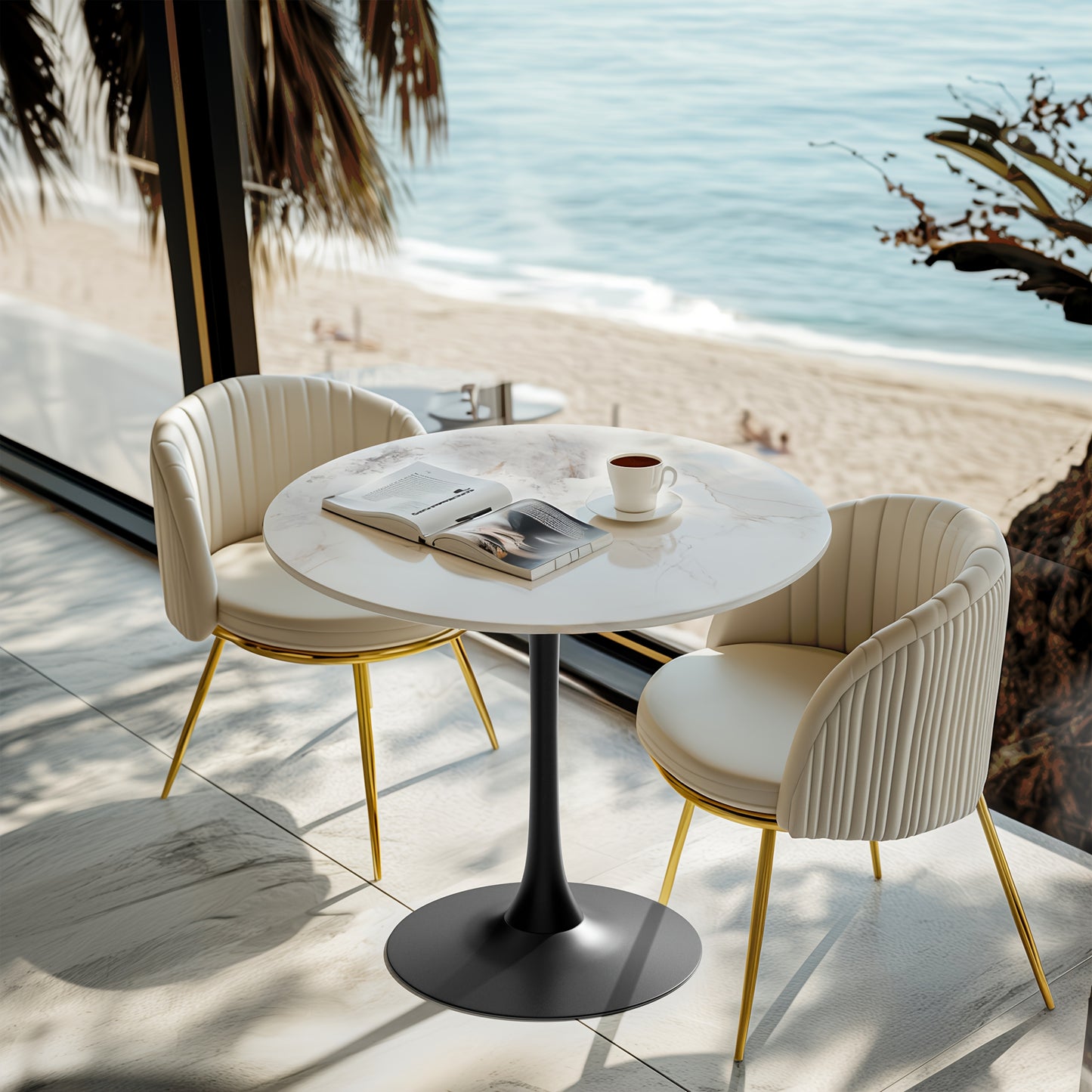 Ronde Eettafel – Eetkamertafel – Tafeltje – Dinetafel – Bistrotafel – Gouden Metalen Poten – Gesinterd Steen Blad – Kras- en Hittebestendig – 78 cm Hoog