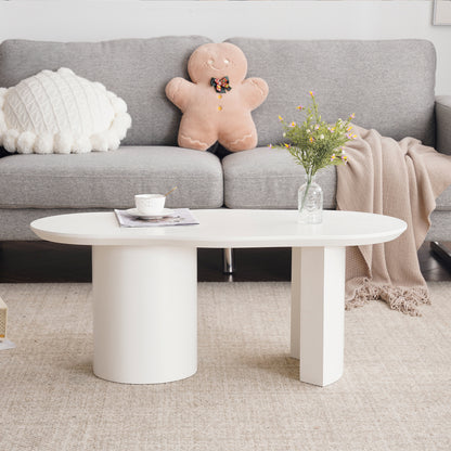 Modern White Curved Coffee Table - 100cm Long Irregular Oval/oval-like (not a true oval) Tabletop, Space-Saving Sturdy Metal-Free Assembly Design, Low-Maintenance White Finish, Large Living Room Center Table for Sofa & Bedsid