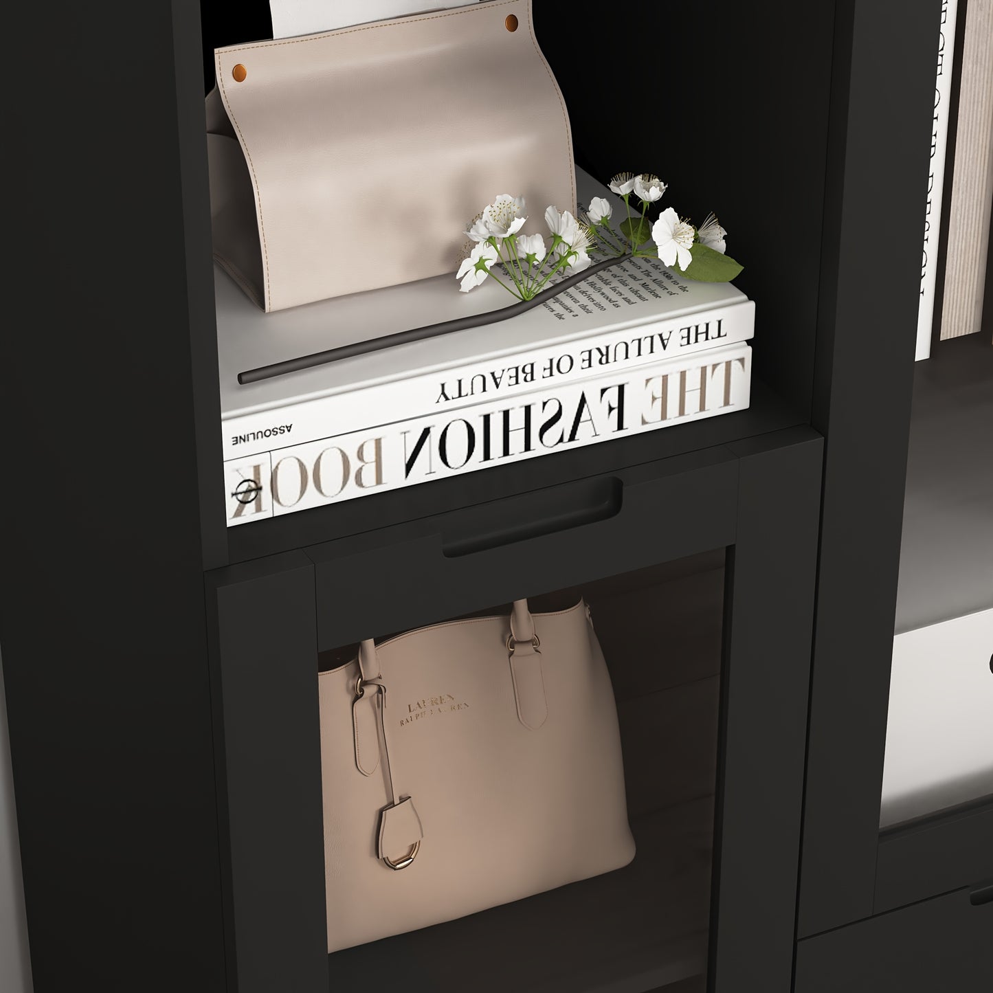 Modern Black MDF Wardrobe with Glass Doors & Drawer - -Standing Tall Cabinet, Open Shelving & Closed Storage (≥3.2 Cu Ft), Self-Assembling Particle Board Dresser for Bedroom/Living Room, 68.58cm+ Height, Wood-Free MDF, Base