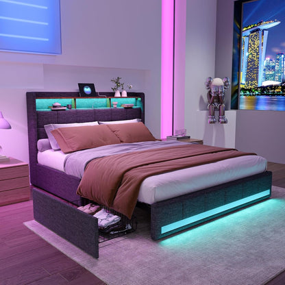 Bed 140x200 – Gestoffeerd Tweepersoonsbed – Led Bed – Opberglades Bed – Hoofdeinde Bed – Linnen Stof – Hydraulische Opbergruimte – Lattenbodem