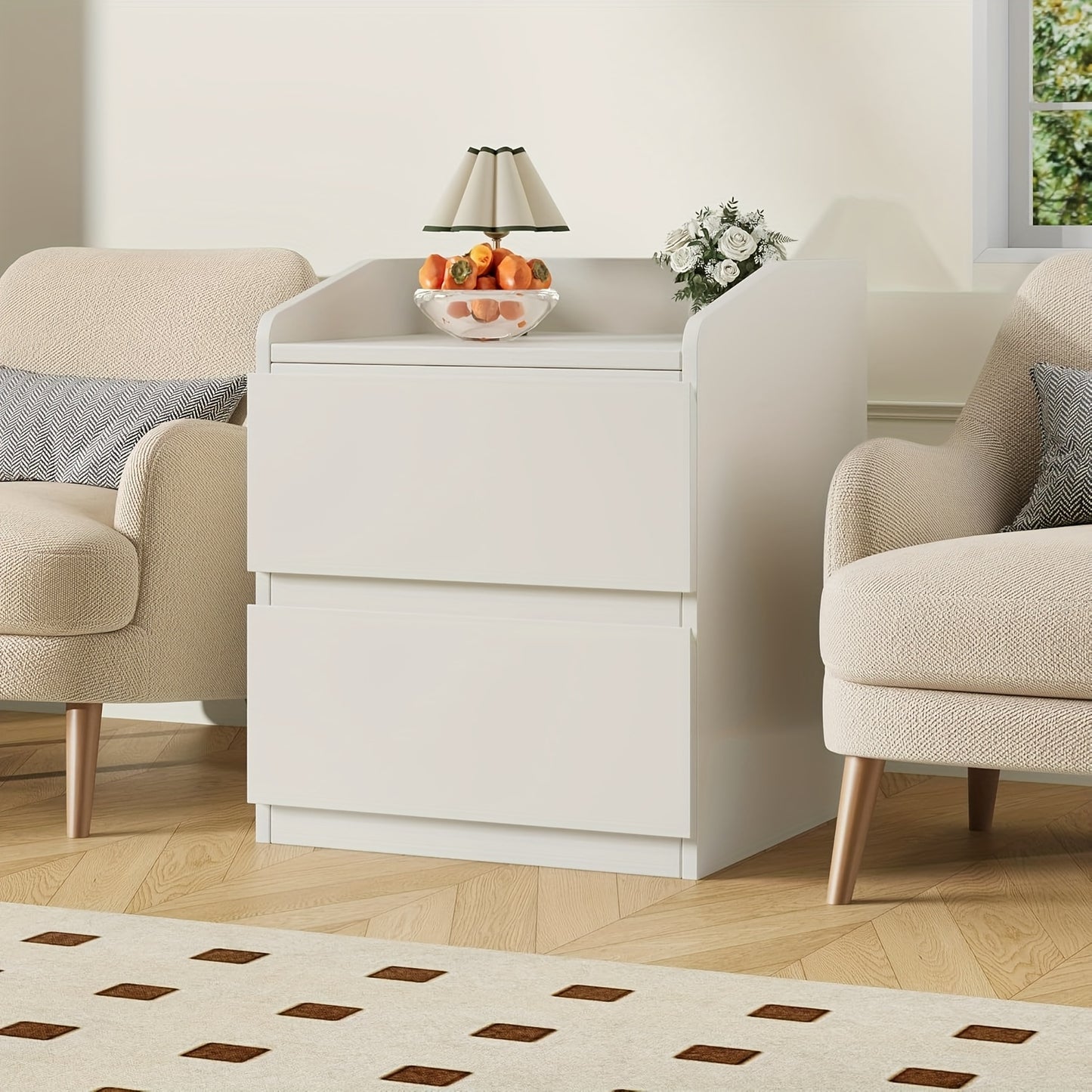 Nachtkastje – Bedside Table – Tafel – Opbergkastje – Lade Kastje – Wit Houten – 2 Lades – Handgreepvrij – Compact & Duurzaam