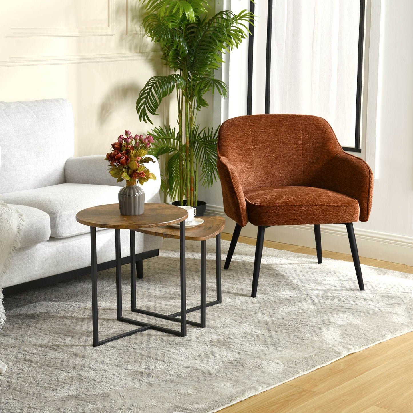 Fauteuil – Zetel – Lounge Chair – Relaxstoel – Armstoel – Caramel Chenillestof – 10 cm Dikke Schuimlaag – Metalen Kruispoot Frame – Compacte Afmetingen 65,5x65x81,5 cm