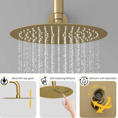 Shower System 30.48 cm Round Rainfall Showerhead Wall Mounted High Pressure Shower Faucet Set Fixture Combo with Cylindrical Handheld Spray, Round Rain Shower Head, Brushed Golden, Bathroom Upgrade, Sleek Bathroom Fixture, Co