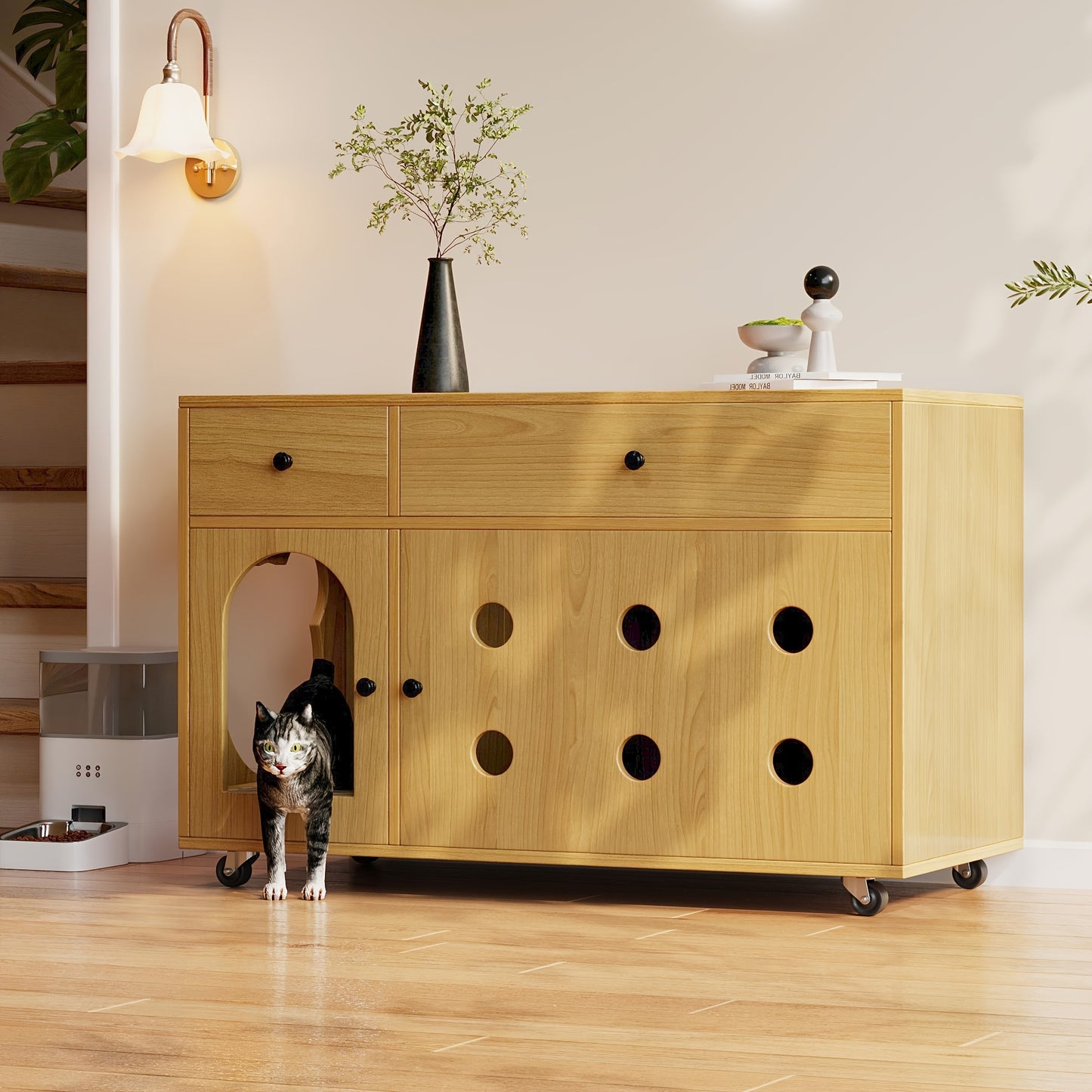 Rustieke Wicker Bijzettafel – Sidetable – Opbergtafel – Kattenhuis – Dressoir – Compact Ontwerp – Uitneembare Kattenbaklade – Duurzaam Rattan – Kaki Variant