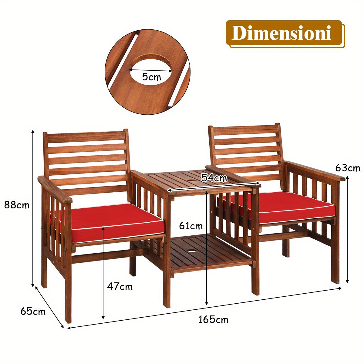 Tuinbank – Picknickbank – Buitentafel – Balkonbank – Acaciahouten Bank Met Kussen – 2-Zits Met Parasolgat – 165 x 65 x 88 cm – Draagkracht 350 kg