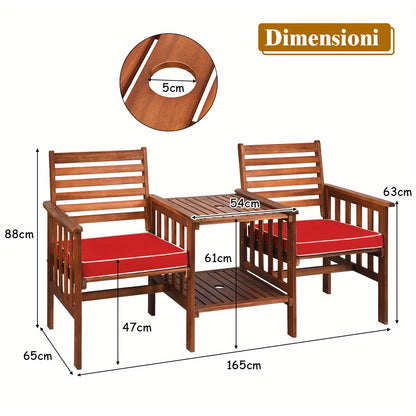 Tuinbank – Picknickbank – Buitentafel – Balkonbank – Acaciahouten Bank Met Kussen – 2-Zits Met Parasolgat – 165 x 65 x 88 cm – Draagkracht 350 kg