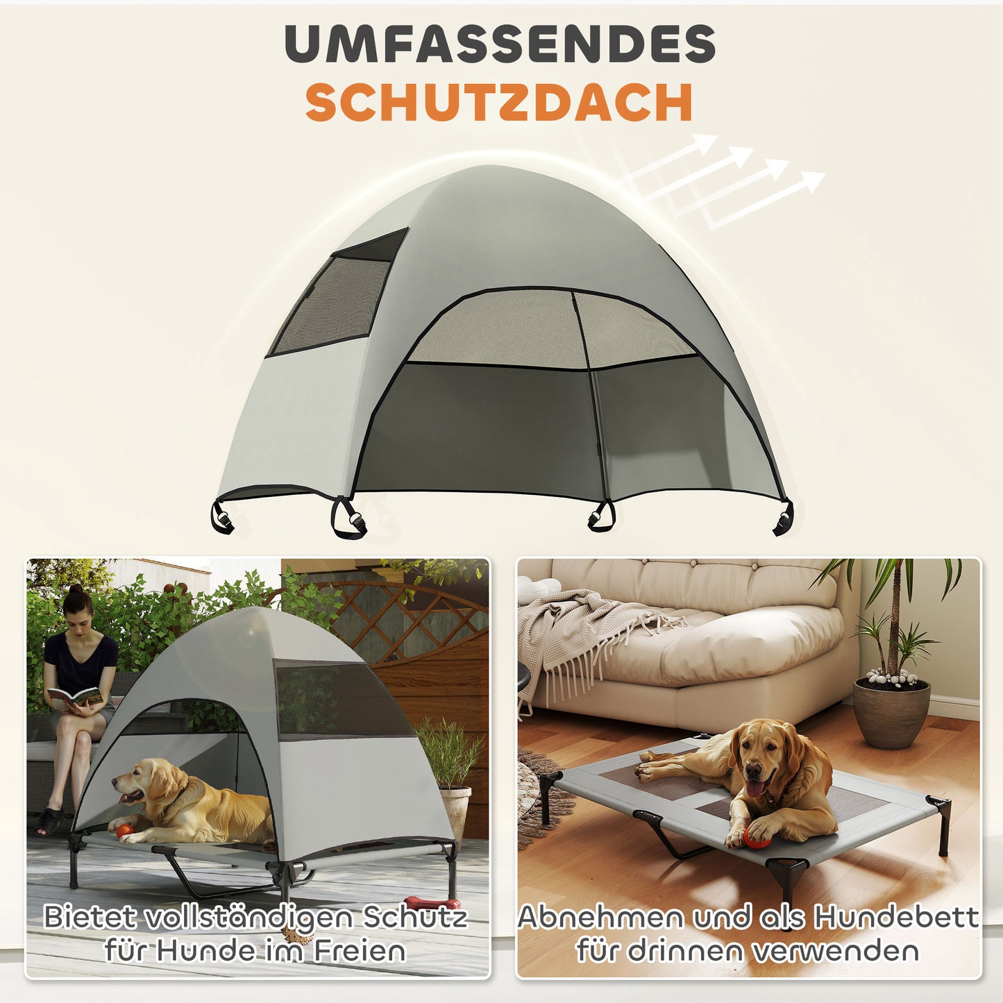 Verhoogd Hondenbed – Hondendagbed – Hondenmand – Hondenbank – Hondensofa – Lichtgrijs – Met Afneembaar Dak – Ventilerend & Vochtbestendig