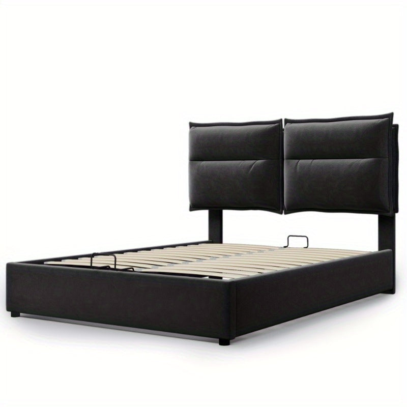Hydraulisch Bed – Opbergbed – Platformbed – Stalen Bedframe – Verstelbaar Hoofdbord – Fluwelen Bekleding – Zwart Metalen Frame – Vooraf Gemonteerd – Groot Onderbed