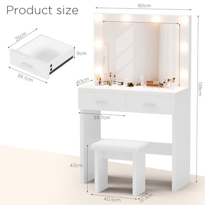 Kaptafel – Make-up Tafel – Opmaaktafel – Dresser – Cosmeticatafel – Wit – LED-Verlichting Verstelbaar – 2 Laden Opbergruimte