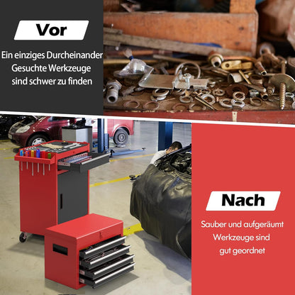 Gereedschapswagen – Werkplaatswagen – Toolcart – Mobiele Gereedschapskar – Werkbank Op Wielen – 2-in-1 Afneembare Bovenkast – 8 Vakken Met Verstelbare Planken – 100 Kg Draagkracht – Metaal Zwart-Rood