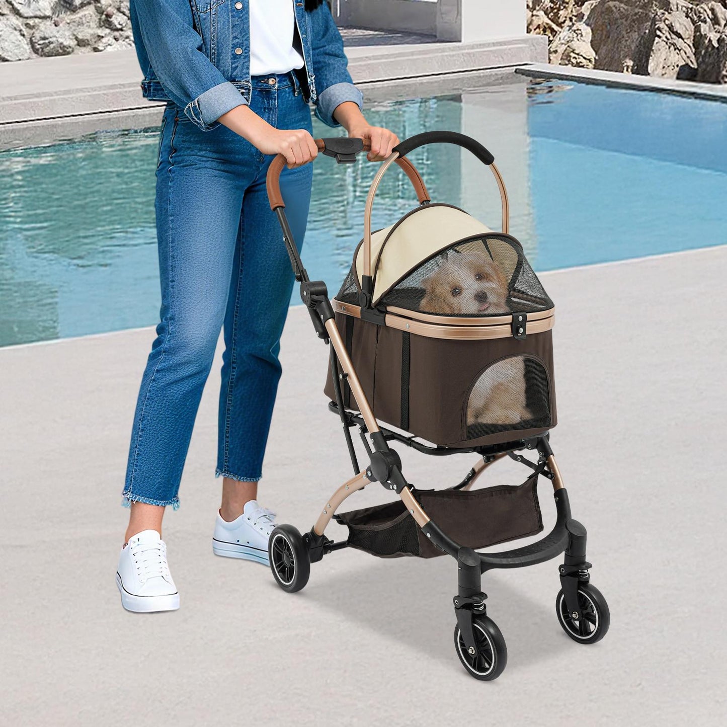 Foldable 4-Wheel All-Terrain Pet Stroller Cart with Canopy, Undercarriage Storage & Harness for dogs & cats - Heavy-Duty Nylon & Oxford Fabric Foldable Puppy/Kitten Carrier for Walks, Vet Visits, Airports, Shopping