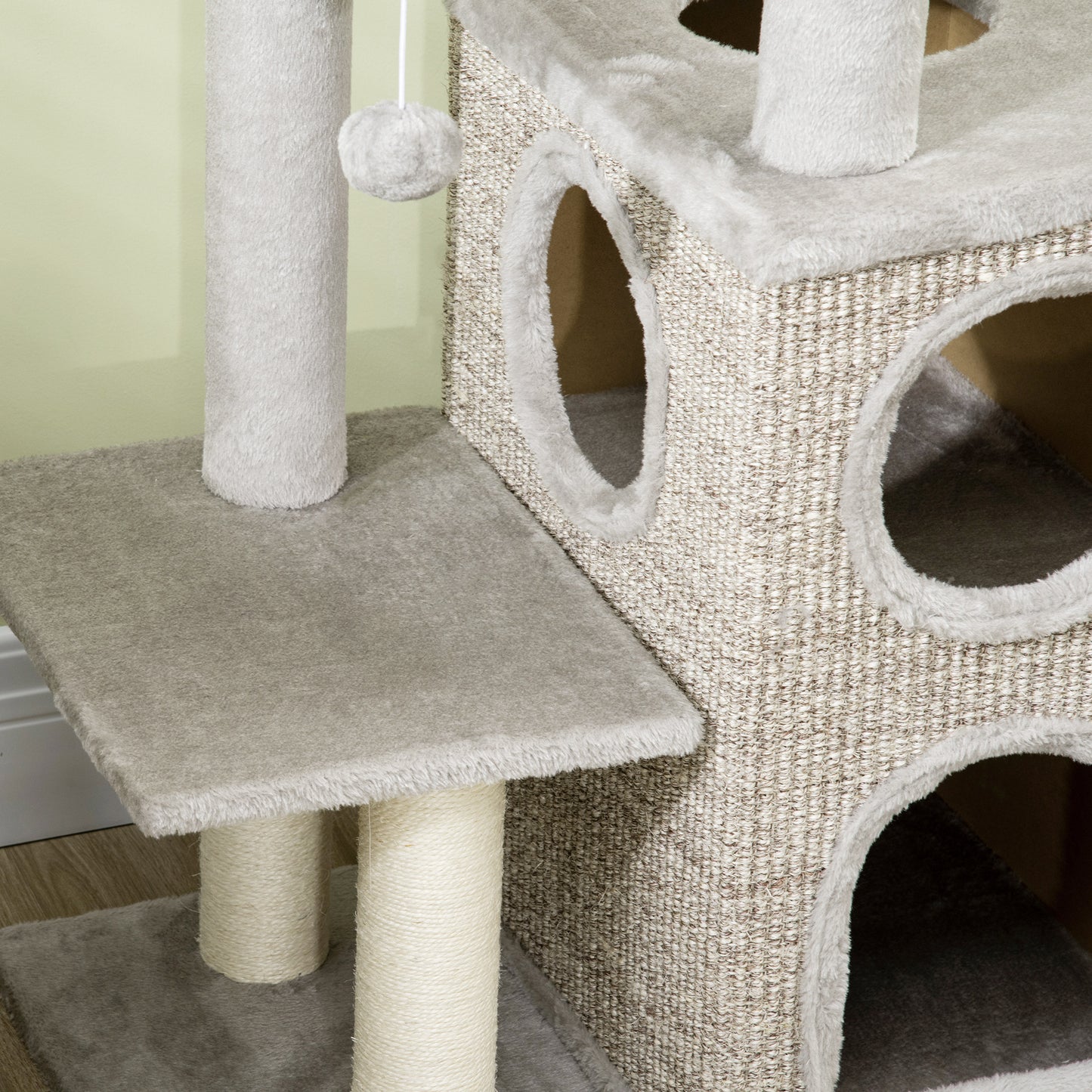 Krabpaal – Kattenkrabpaal – Kattenboom – Krabmeubel – Kattenhuis – Met Kattenhol En Speelbal – 91 cm Hoog – Lichtgrijs Met Natuurlijke Kleuren