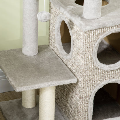 Krabpaal – Kattenkrabpaal – Kattenboom – Krabmeubel – Kattenhuis – Met Kattenhol En Speelbal – 91 cm Hoog – Lichtgrijs Met Natuurlijke Kleuren