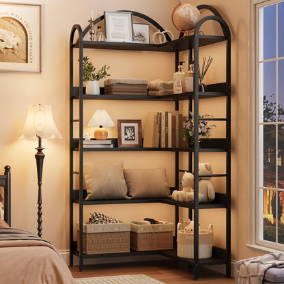 Boekenkast – Boekenplank – Wandrek – Kasten – Opbergkast – Extra Hoge 5-Lagen L-Vormige Boekenplank – Industrieel Metaal & MDF – 173,99 cm Hoog – Zwarte Hoekschilf Unit