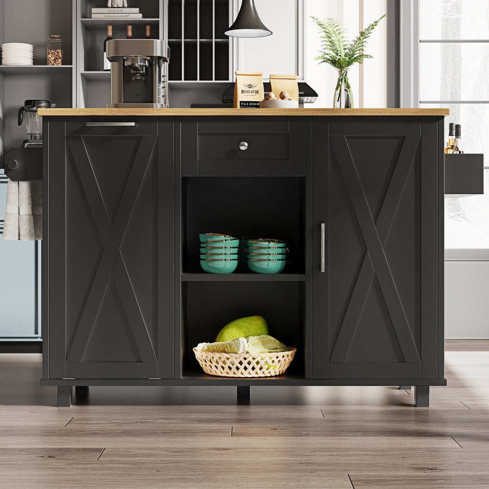 Keukeneiland – Keukentrolley – Keukenkast – Serveerwagen – Buffetkast – Zwart Retro Design – Ruime Opbergruimte – Duurzame MDF & Metaal – Ruimtebesparend Zonder Elektriciteit