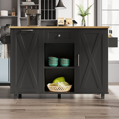 Keukeneiland – Keukentrolley – Keukenkast – Serveerwagen – Buffetkast – Zwart Retro Design – Ruime Opbergruimte – Duurzame MDF & Metaal – Ruimtebesparend Zonder Elektriciteit