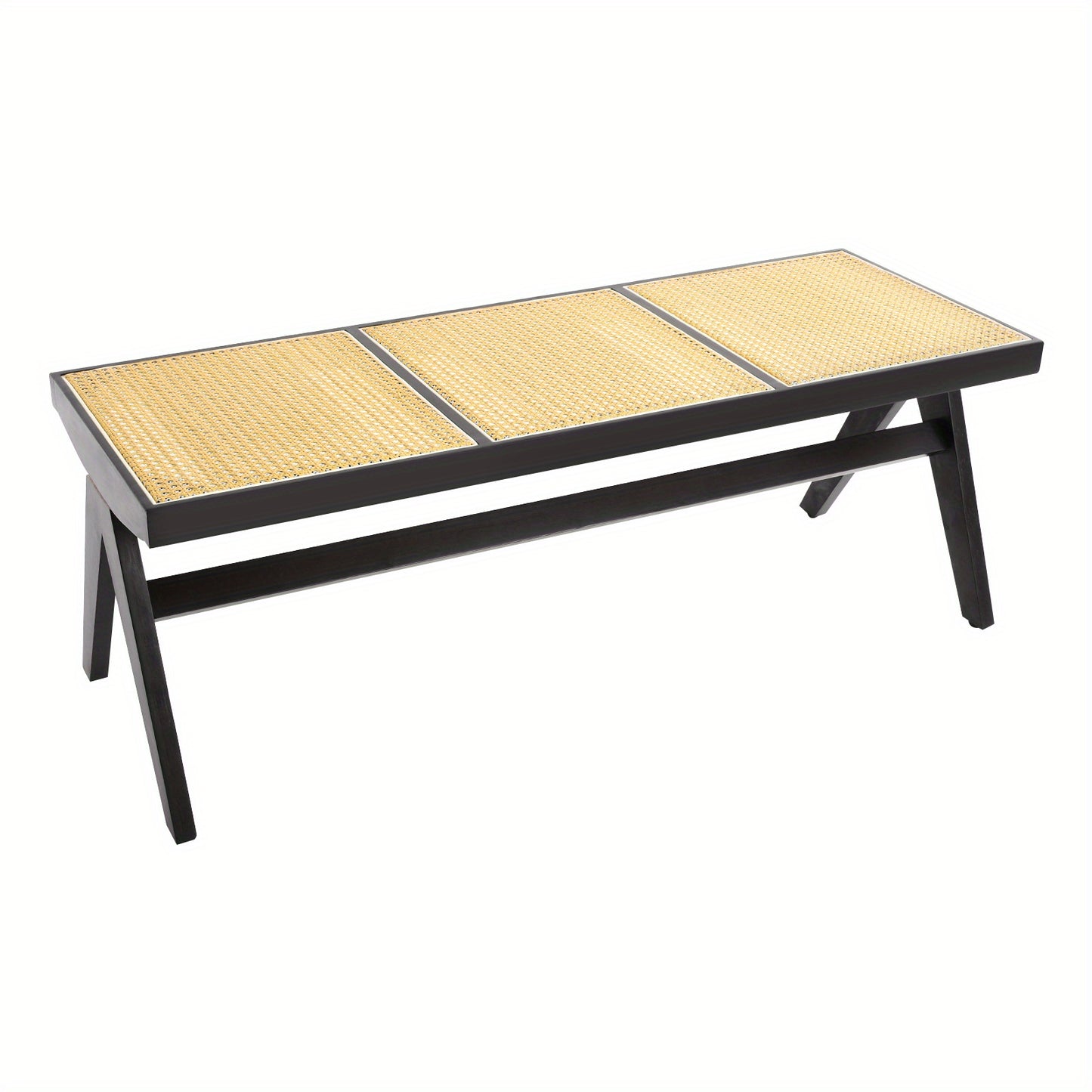 Modern Wicker 3-Seater Entryway Bench with Shoe Storage - Black Rattan Contemporary Low-Profile Furniture, Space-Saving for 3 People, Easy Assembly, Compact for Hallway, Porch, - Stands Alone, No Baseboard Mounting Required