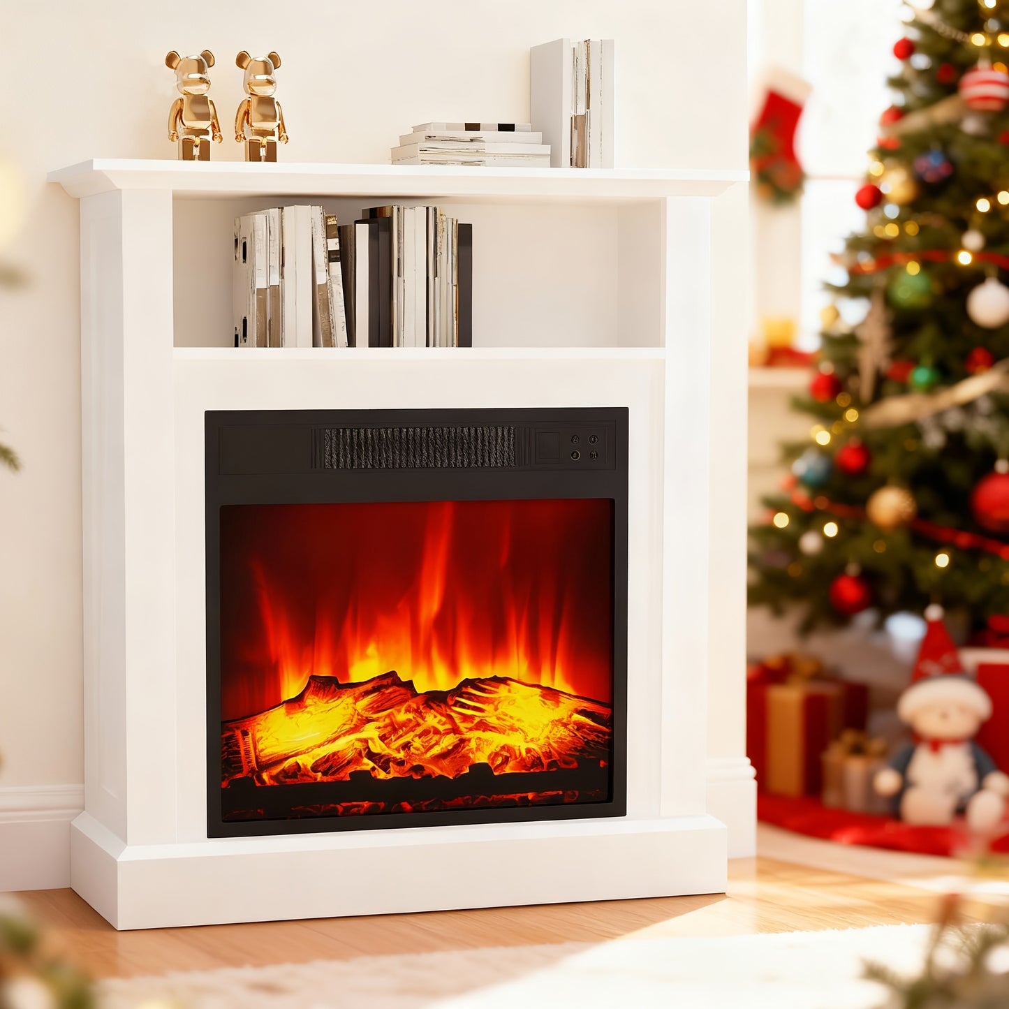 Elektrische Haard – Vrijstaande Haard – Sfeerverwarmer – Vuurtafel – Haardmantel Wit – Realistische 3D Vlammen – Verwarming 2000W Met Timer & Oververhittingsbeveiliging