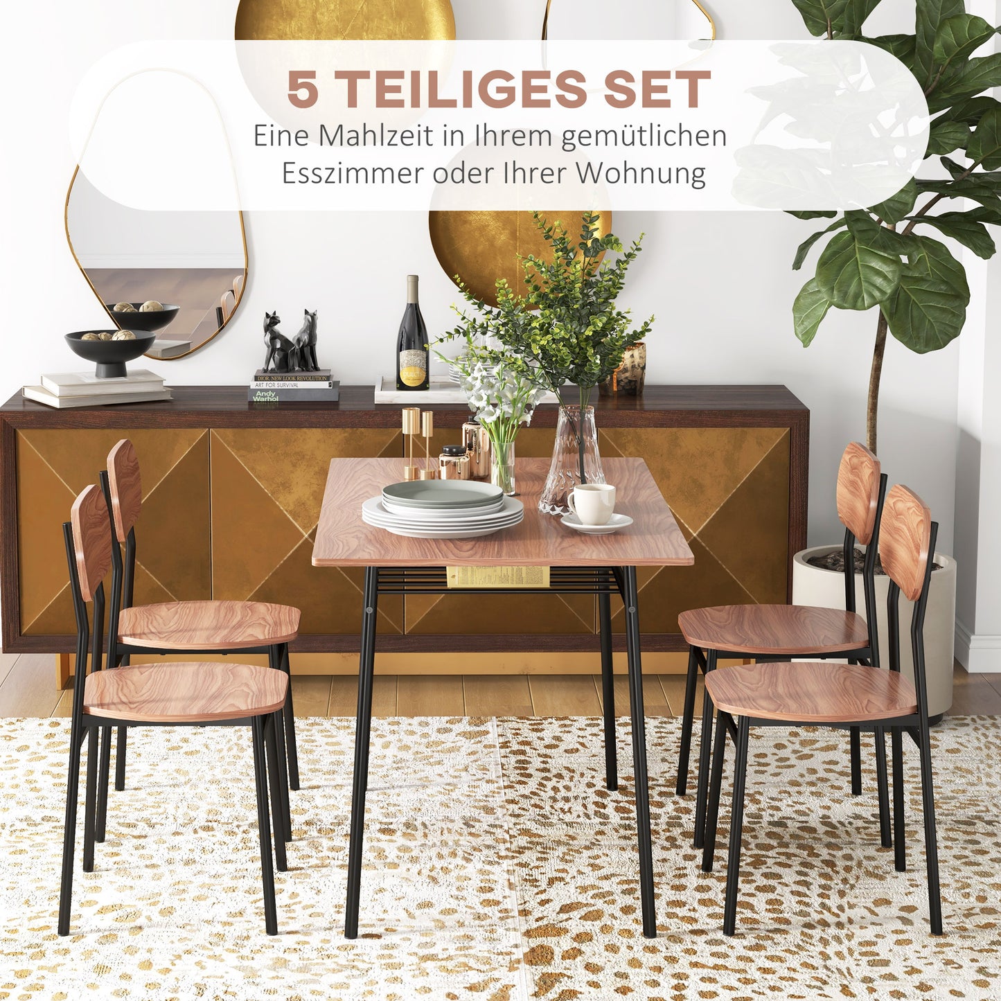Eettafel Met Stoelen – Dining Set – Tafel En Stoelen – Industrieel Meubel – Bruin – Compact Formaat 110x70x75 CM – Robuust Metaal en Stevig Tafelblad