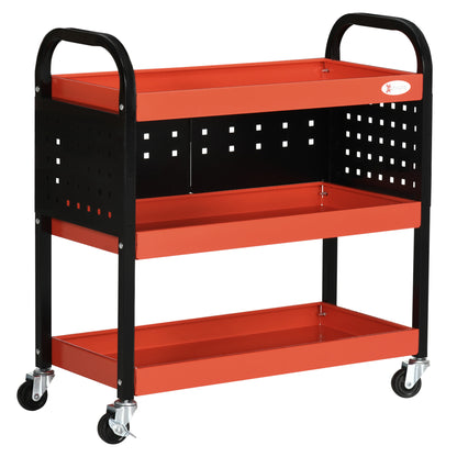 DURHAND Workshop Trolley Servant Trolley 3-Level Tool Cart with Shelves, Hanging Boards, Load Up to 100 Kg, Workshop Trolley for Garage, Warehouse, DIY Tools, Red